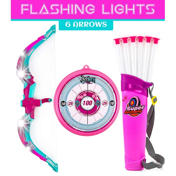 Toysery Bow and Arrow for Kids with LED Flash Lights,Archery Bow with 6 Suction Cups Arrows, Target, and Quiver - Great Outdoor Toys for 5 Year Old Boys, Safest Outdoor Kids Toys for Backyard - Pink
