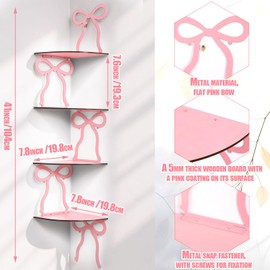 Kathfly 4 Tie Pink Bow Corner Shelf Wall Mounted Pink Floating Wood Corner Storage Shelves for Women Girls Decorative Cute Coquettish Wall Decor for Bedroom Living Room Bathroom Kitchen Office