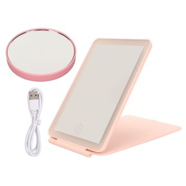 LED Light Mirror 3 Colors Light Modes Rechargable Portable Folding Travel Mirror for Women Pink