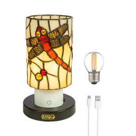 Dale Tiffany TAR24119 Red Damselfly Uplight Tiffany Accent Lamp with Built-in Rechargeable Battery and 3-Level Brightness, Multicolor, 8.5-inch Tall