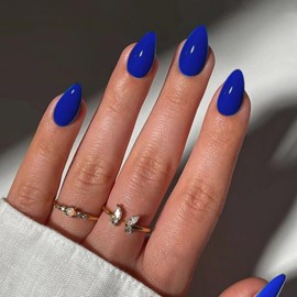 Royal Blue Press on Nails Short Almond Shaped, KQueeenst Short Almond Fake Nails Glue on Thick Natural Acrylic False Nails Handmade of Upgrade Gel, 30Pcs Extra Short Almond Nails, Big & Petite Fingers