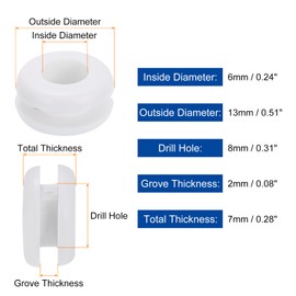 uxcell 70Pcs Rubber Grommets 2/8" (8mm) Drill Hole, 1/4" (6mm) ID Double Sided Hole Plugs Ring Gasket for Firewall Cable Wire Protecting, White