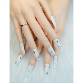 Duotaoii Long Press On Nails Squoval Fake Nails Handmade False Nails White Star Rhinestones Hand-Painted Nail Charms With Designs,Acrylic Nail Kit Gel Nails,Reusable Stick on Nails for Women 10pcs M