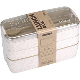 Mejiwasmi Portable Bento Box, 3-layers Lunch Box, 900ML Wheat Straw Dinnerware Food Storage Container (Beige)