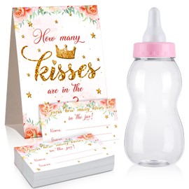Fuutreo Guess How Many Baby Shower Game Sign with 50 Cards Pink Floral Greenery Big Baby Bottles Decorations 2.76 x 2.76 x 8.27 Inch Giant Bottles for Girl Boy Party Games Favor Gift(Cute Style)