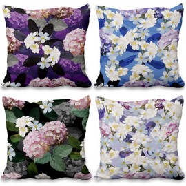 Vie Savaran 4 Pcs/Set Floral Pillow Covers Spring Summer Watercolor Pink Purple Hydrangea Blooming Flowers Green Leaves Plants Throw Cushion Cases for Garden Porch Patio Couch Sofa Decor, 16"x16"