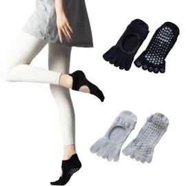 Suerba Pilates Socks, 5 Toes, Yoga Socks, Anti-Slip, Women's, Set of 2, Durable, Cooling / Sweat Prevention, multicolor (black / gray), Free size