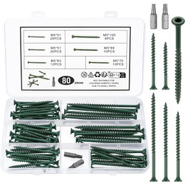 80 Pcs M5 Screws for Wood Screws Assortment, Torx Timber Screws, Outdoor Wood Screws, Deck Screws Set, Chipboard Screws, Flat Head Screws, Countersunk Fence Screws, Multi Purpose Screws, with 2 Bits