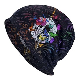 Butterfly Roses and Skull Beanie Hat Adult Skull Cap Warm Slouchy Knit Hat Headwear Gift for Men Women