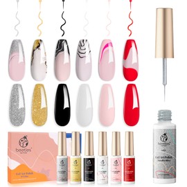 beetles Gel Polish Nail Art Liner Set 6 Pcs Black White Red Gold Silver Glitters Colors Paint Swirl Built Thin Brush in Bottle Soak off Uv Led Lamp Gel Liner Nail Polish Manicure Kits