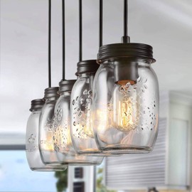 LOYALHEARTDY Ceiling Light Fixture 5-Light Glass Mason Jar Light Flush Mount Light Kitchen Island Pendant Light for Kitchen, Living Room, Dining Room, Hallway, Office, Foyer, Bar E27