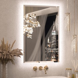 Keonjinn 24 x 36 in Backlit Mirror Bathroom, Beveled Frameless LED Mirror for Wall, Shatterproof Tempered Glass, UL-Listed, 3 Color Temperature, Defogger, Dimmable, Memory Function, Plug in/Hardwired