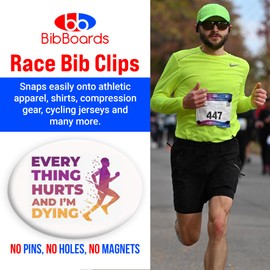 bibSNAPS Race Bib Clips - Safety Lock Fasteners - Secures Running, Marathon, Cycling & Event Number, Non Magnetic, Easy to Use, Soft & Reusable - Replacement for Pins & Magnets, Everything Hurts(4pcs)