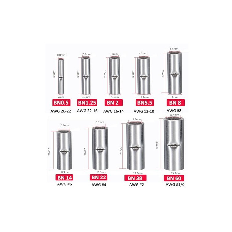 kuosbiu 100 PCS Non-Insulated Butt Connectors Kit, AWG 26-22 Wire