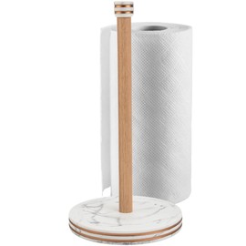 Saddet Stylish White Marble Paper Towel Holder Countertop Kitchen with Non-Slip Pads - Paper Towel Holder Marble Base with Decorative Gold & Stand-Up Wood Roll for Pantry Decor