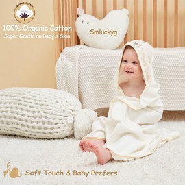 Smluckyg 6-Pack Organic Cotton Baby Bath Set - Ultra Soft Embroidered Hooded Towel and 5 Washcloths, Premium Gentle Newborn, Toddlers Gift for Sensitive Skin, Stripes, 30 x 30 Inch