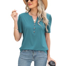 XMTOPYE Women Summer Tops Short Sleeve Shirts for Women V Neck Solid Casual Soft Ladie Tshirts Blue Green