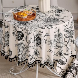 F-CHU Floral Round Tablecloth 60 Inch Cotton Linen Table Cloth with Tassels for Restaurant, Picnic, Indoor and Table Cover Home Decoration, Floral（Black