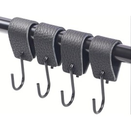 Alriedy Pack of 4 S Hooks Black with Leather Loop, Hooks for Hanging, Hooks, Hooks for Clothes Rail, Clothes Hooks with Leather Loop, Coat Hooks Metal Hooks for Kitchen, Balcony, Bathroom