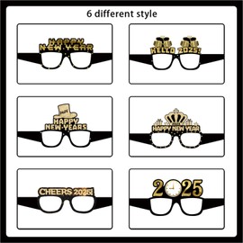 6 Pieces Happy New Year Glasses New Year's Eve Decoration 2025 Party Glasses, 2025 New Year Decoration Glitter Black Gold Paper 3D Glasses Children's Birthday Party Photo Props for New Year's Eve