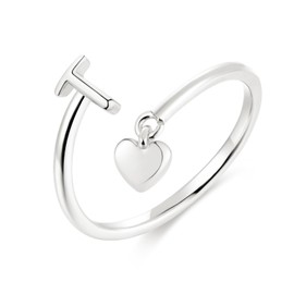 CIOMY Silver Initial Rings for Women Non Tarnish Thumb Rings Sterling Silver Plated Adjustable Rings for Women Stackable Heart Ring letter rings for women T