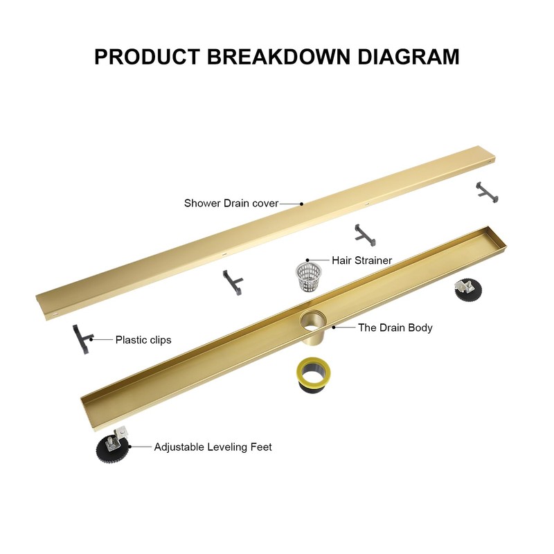 KIRLYSTONE 24-Inch Linear Shower Drain Brushed Gold, Rectangular Gold Shower
