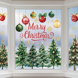 9 Sheets Christmas Window Clings Watercolor Xmas Tree Window Decals Xmas Ball Snowflake Windows Stickers Double-Sided Merry Christmas Windows Decorations for Holiday Party Home Office Glass Decor