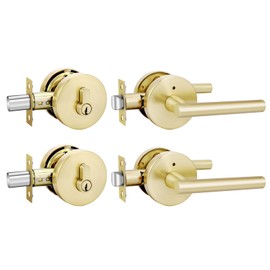 goldenwarm Exterior Gold Door Handle with Deadbolt, Single Cylinder Deadbolt and Door Handle Set,Brushed Gold Front Door Lock Set,2 Pack