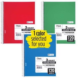 Mead Spiral Notebook, 3 Subject, College Ruled Paper, 120 Sheets, 11" x 8", Color Selected For You, 1 Count (06710)