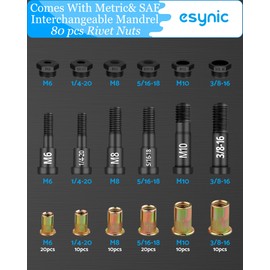 eSynic Professional Rivet Nut Gun High Efficiency Rivnut Gun Tool with 3 Size Metric & 3 Size SAE Mandrels 80pcs Rivet Nuts Durable Rivnut Tool Kit Non-slip Hand Riv Nut Gun Set Easy for Your Work etc