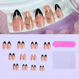 Black French Tip Press on Nails Medium Almond 3D Gold Star Moon Design Fake Nails with Glue Full Cover Pink False Nails for Women Manicure Decoration 24PCS Reusable Acrylic Nails