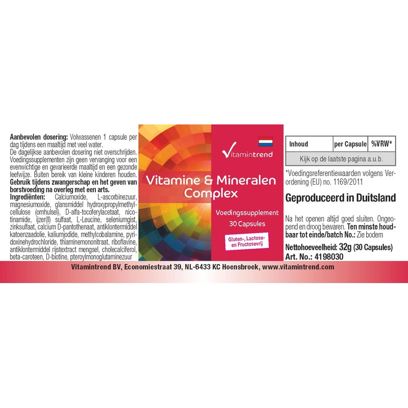 Vitamin & Mineral Complex - 30 Capsules, Multivitamin Preparation in