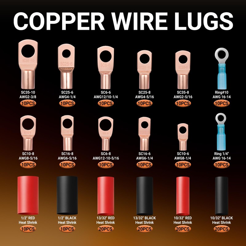 Filluck 220pcs Battery Cable Ends Kit,AWG 2/4/6/8/12 Copper Lugs,Heavy Duty
