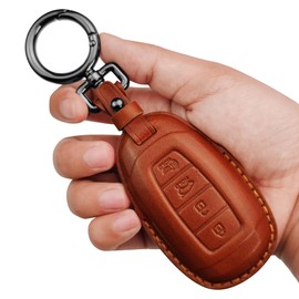 Tukellen Genuine Leather Key Fob Cover Smart Key Holder Sleeve Fit for 2020-2022 Hyundai Palisade Elantra GT Accent Kona Santa Fe Veloster (Brown, 4 Button)