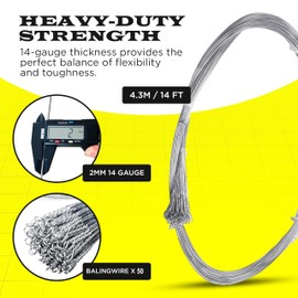 50 Roll 14FT x 14Gauge Galvanized Steel Wire, Single Loop Galvzanized, Multi Purpose Baling Wire Rebar Wire for Securing, Packaging, Tie, Paper, Metal, Carboard, Textiles, Plastics