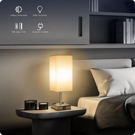 Bedside Lamp with USB Ports - Touch Control Table Lamp for Bedroom with USB C+A Charging Ports & AC Outlets, 3 Way Dimmable Nightstand Light for Living Room (LED Bulb Included, Chrome - White)
