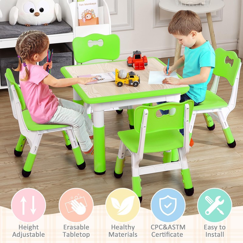 Kids Table and Chairs Set, Height Adjustable Desk with 4