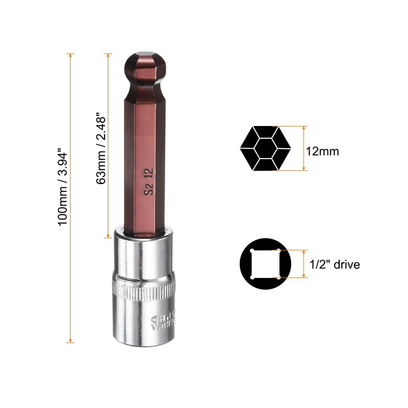HARFINGTON 12mm Ball End Hex Bit Socket 1/2" Square Drive