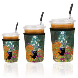 Reusable Insulated Neoprene Iced Coffee Cup Sleeve, Durable Drink Sleeve for Cold Beverages, Beverage Holder for iced coffee (Meow Blooms)