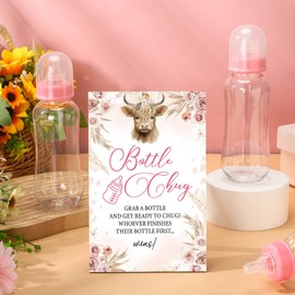 TrelaCo Cool Baby Shower Games Bottle Chug Sign and 12 Pcs Baby Bottle Shower Favor Baby Bottles for Baby Shower Games Gender Reveal (Highland Cow)