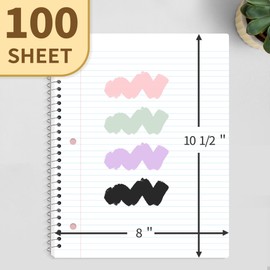 SUNEE Spiral Notebook, 1-Subject, College Ruled Paper, 8" x 10-1/2", 100 Sheets per Notebook, 3-Hole Punched Paper, Water Resistant Cover, Double-sided Pockets, Spiral Lined Notebooks for Work, Black