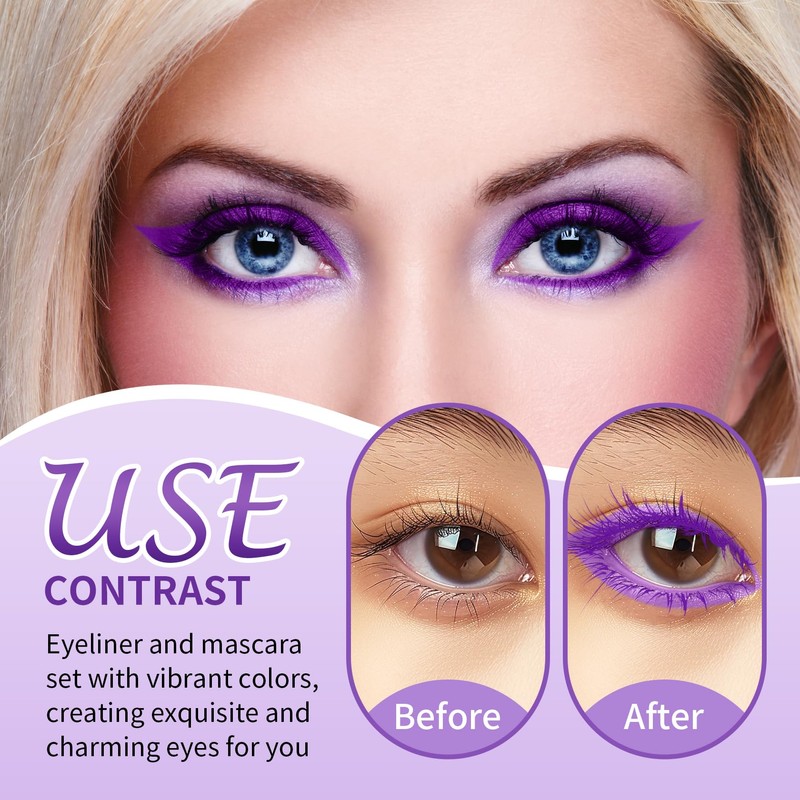 AOAZXBB Purple Mascara and Eyeliner Set 5D Coloured Mascara for