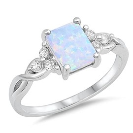 Rectangle White Simulated Opal Infinity Knot Ring .925 Sterling Silver Band Size 8