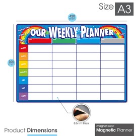 TMS Weekly Family Planner A3 | Magnetic Dry Wipe Whiteboard for Organising Your Chores, Meals, Home, School | Use as a Fridge Magnet with 4 Multi-Coloured Pens and Eraser (Blue, A3)