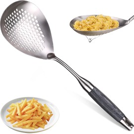 MARTE Skimmer Slotted Spoon -14.8in Pasta Spider Strainer Skimmer Ladle Spoon for Cooking and Frying - Kitchen Scoop Colander Strainer Spoon with Heat Resistant Black Wooden Handle