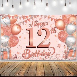 KatchOn, Happy 12th Birthday Banner - 72 x 44 Inch | Rose Gold 12th Birthday Banner | 12th Birthday Decorations for Girls | Rose Gold 12th Birthday Backdrop | 12 Year Old Birthday Party Decorations