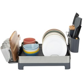 Dish Drying Rack, Stainless Steel Dish Rack Drainers for Kitchen Counter with 360° Swivel Spout and Drainboard, Fingerprint-Proof Dish Drainers with Utensil Holder, Kitchen Sink Organizer