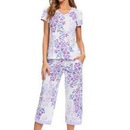 JRYNOEU 100% Cotton Two Piece Outfits Womens Pajamas Short Sleeve Sleepwear Tops and Capri Pants Pjs Print Pajama Sets