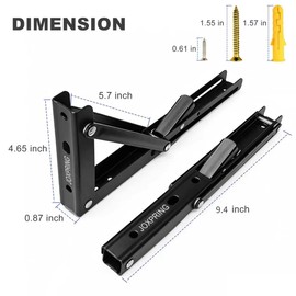 10 Inch Folding Shelf Brackets, Heavy Duty Wall Mounted Collapsible Metal Shelf Bracket, Black Folding Table Brackets for Workbench, Kitchen, Living Room, Bedroom, Study, 2 Pack