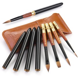 Sable Travel Watercolour Brushes 4pcs, Fuumuui Elegant Kolinsky Sable Watercolour Travel Brushes Travel Watercolour Kit with Leather Pouch Perfect for Watercolor Gouache Ink Painting